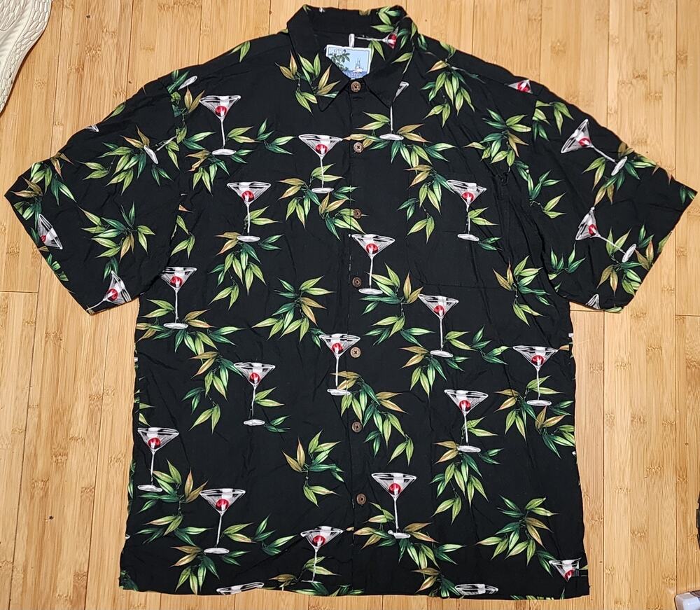 AFTCO Shirt Mens XL Bluewater Hawaiian Martini Black Floral AOP Rayon Vacation